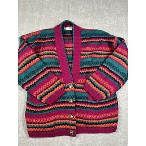 Vintage French Connection Hong Kong 100% Wool Retro Colorful Cardgian Sweater M